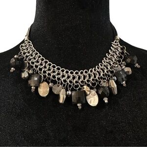 Chicos Beaded Fringe Statement Necklace Silver Tone Black Versatile Special Occa
